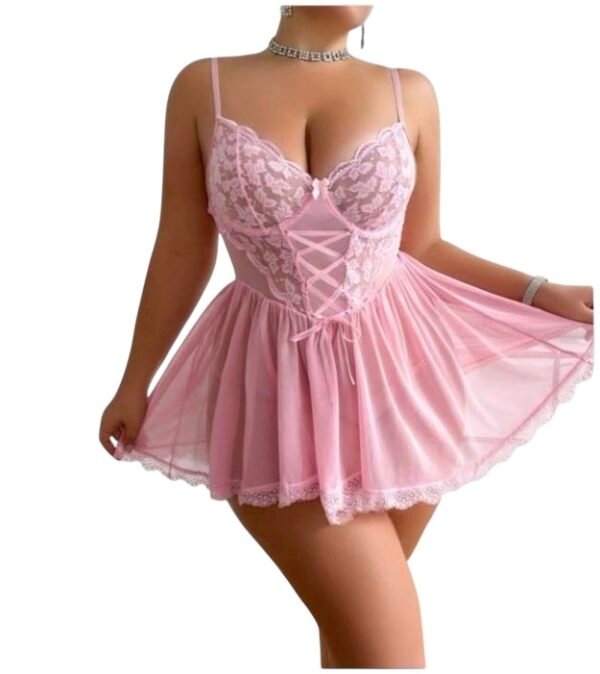 Babydoll Δαντέλας με Κορδόνια – Ροζ