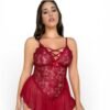 Plus Size Μπορντό Δαντελένιο Κορμάκι με Διαφάνεια & Αέρινο Τελείωμα
