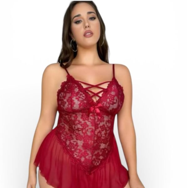 Plus Size Μπορντό Δαντελένιο Κορμάκι με Διαφάνεια & Αέρινο Τελείωμα
