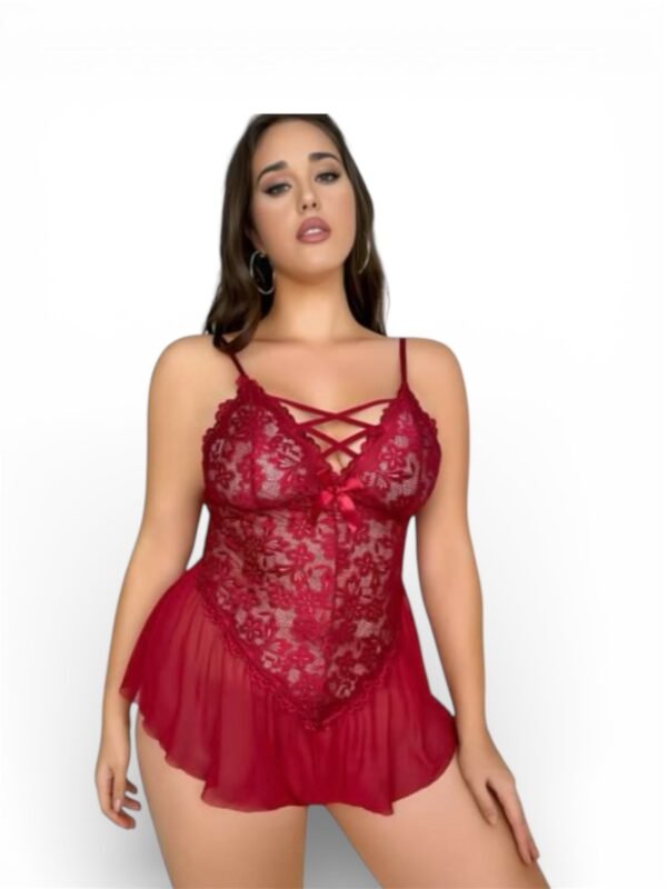 Plus Size Μπορντό Δαντελένιο Κορμάκι με Διαφάνεια & Αέρινο Τελείωμα