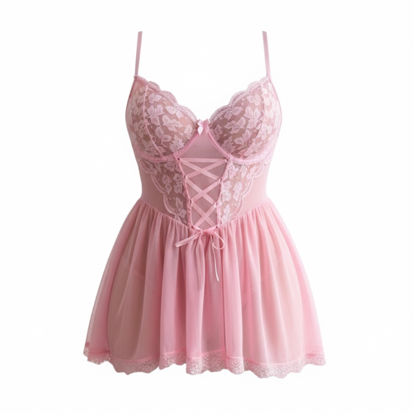 Babydoll Δαντέλας με Κορδόνια – Ροζ