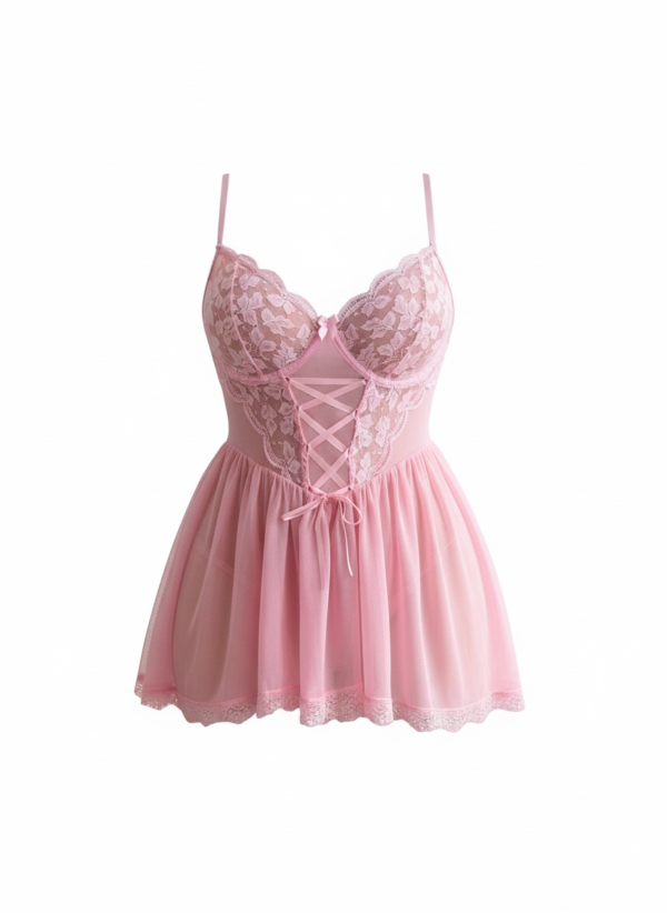 Babydoll Δαντέλας με Κορδόνια – Ροζ